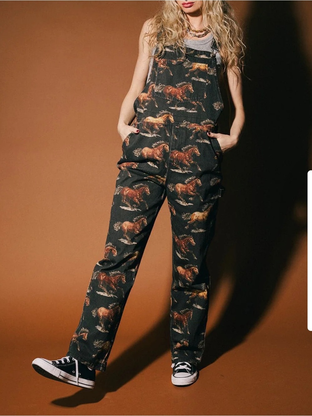 Dressed in LALA Black Overalls with Brown Horse Print